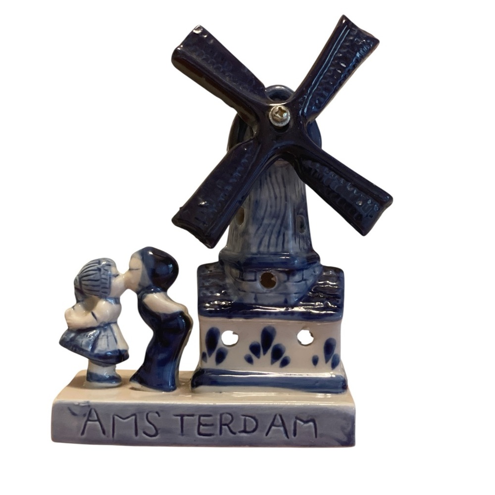 Delft Blue and White Amsterdam Ceramic Windmill Ornament